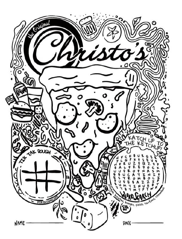 Christo’s restaurant kids activity sheet and customer touchpoint illustration by Felipe Cardona